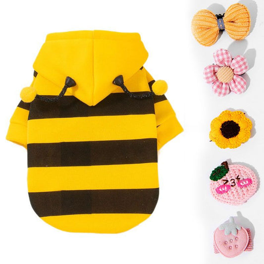 Size M Bee Fleece Hoodie Jumper for Small Dogs & Cats with 5 Hair Clips