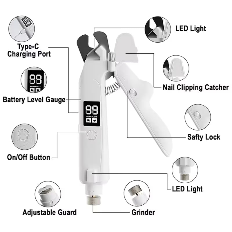 2 in 1 Pet Nail Clippers with Grinder LED Light Rechargeable Electric