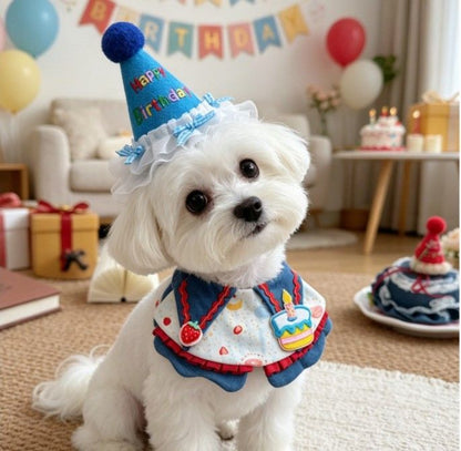 Size S Blue Pet Birthday Party Supplies Strawberry Cake Bib and Hat Set