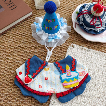 Size M Blue Pet Birthday Party Supplies Strawberry Cake Bib and Hat Set