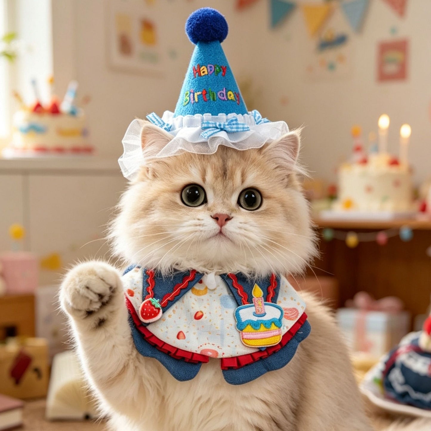 Size L Blue Pet Birthday Party Supplies Strawberry Cake Bib and Hat Set
