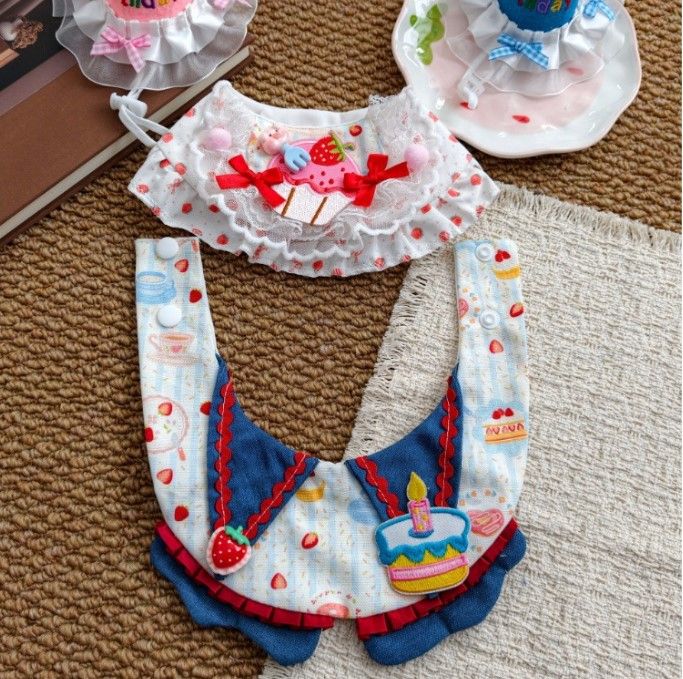 Size L Blue Pet Birthday Party Supplies Strawberry Cake Bib and Hat Set