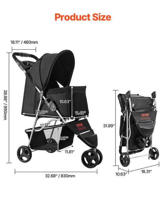Foldable 3-Wheel Pet Stroller | 16KG Capacity