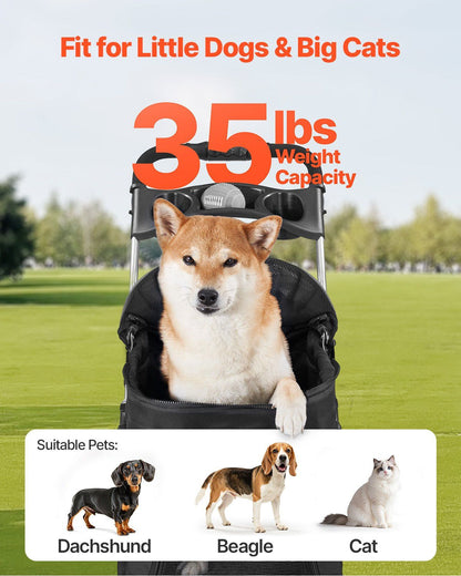 Foldable 4-Wheel Pet Stroller | 16KG Capacity | Detachable Carrier