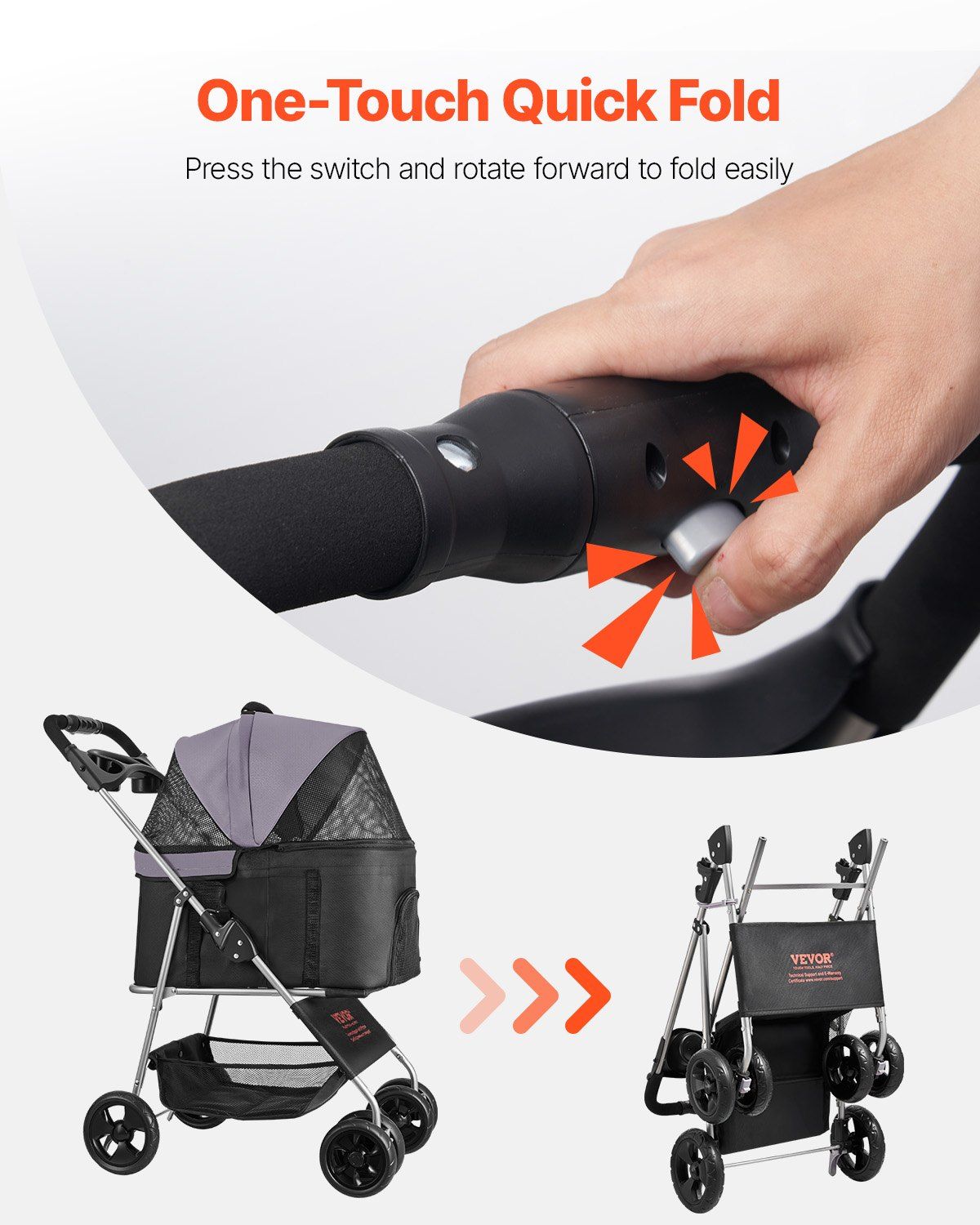 Foldable 4-Wheel Pet Stroller | 16KG Capacity | Detachable Carrier