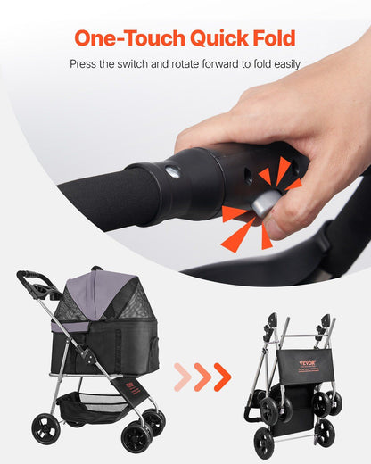 Foldable 4-Wheel Pet Stroller | 16KG Capacity | Detachable Carrier