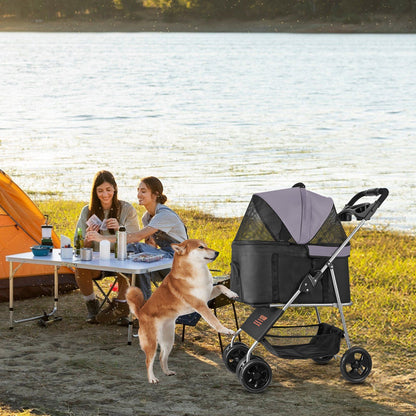 Foldable 4-Wheel Pet Stroller | 16KG Capacity | Detachable Carrier