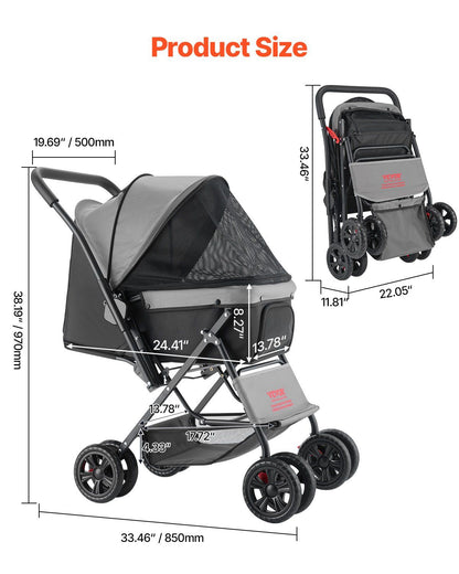 Foldable 4-Wheel Pet Stroller | 20KG Capacity | Reversible Handle