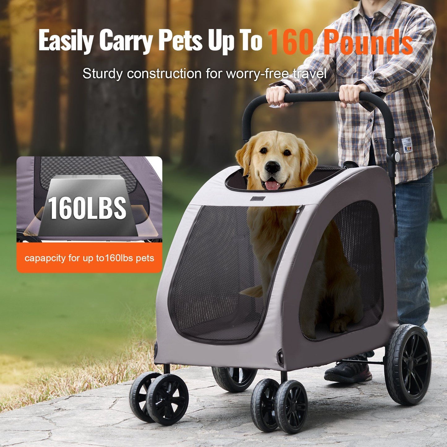 Heavy Duty 4-Wheel Pet Stroller | 160lb Capacity | Breathable Mesh