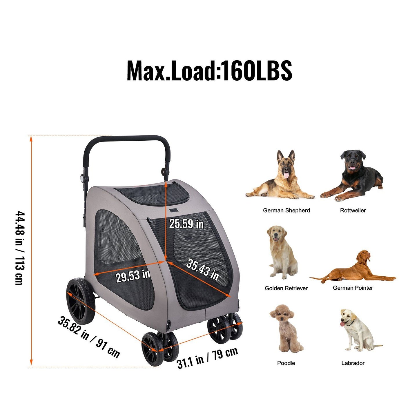 Heavy Duty 4-Wheel Pet Stroller | 160lb Capacity | Breathable Mesh