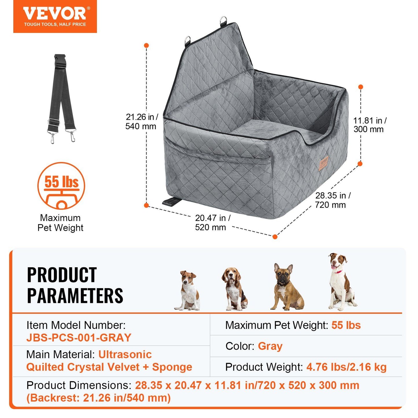 Dog Car Seat Booster with Safety Leash | Grey