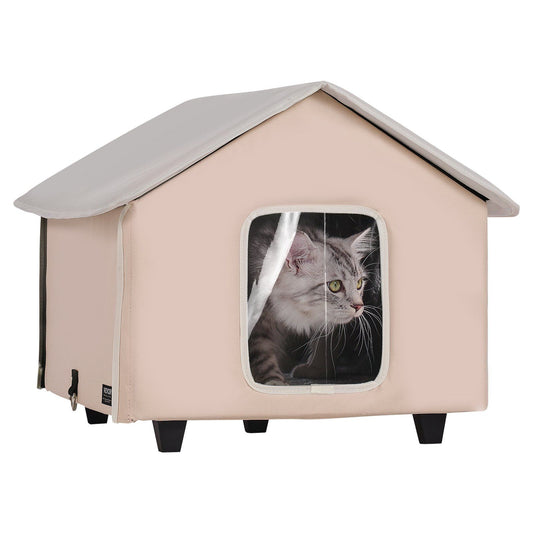 Elevated Heated Cat House with Timer | Brown Outdoor Shelter