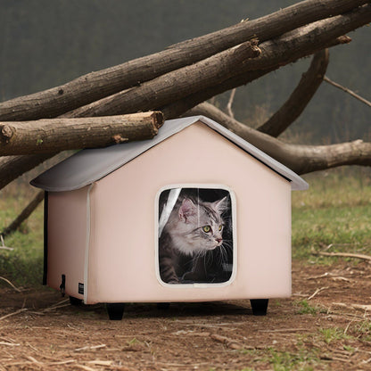 Elevated Heated Cat House with Timer | Brown Outdoor Shelter