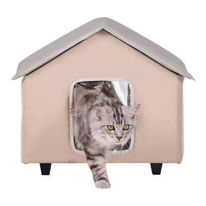 Elevated Heated Cat House with Timer | Brown Outdoor Shelter