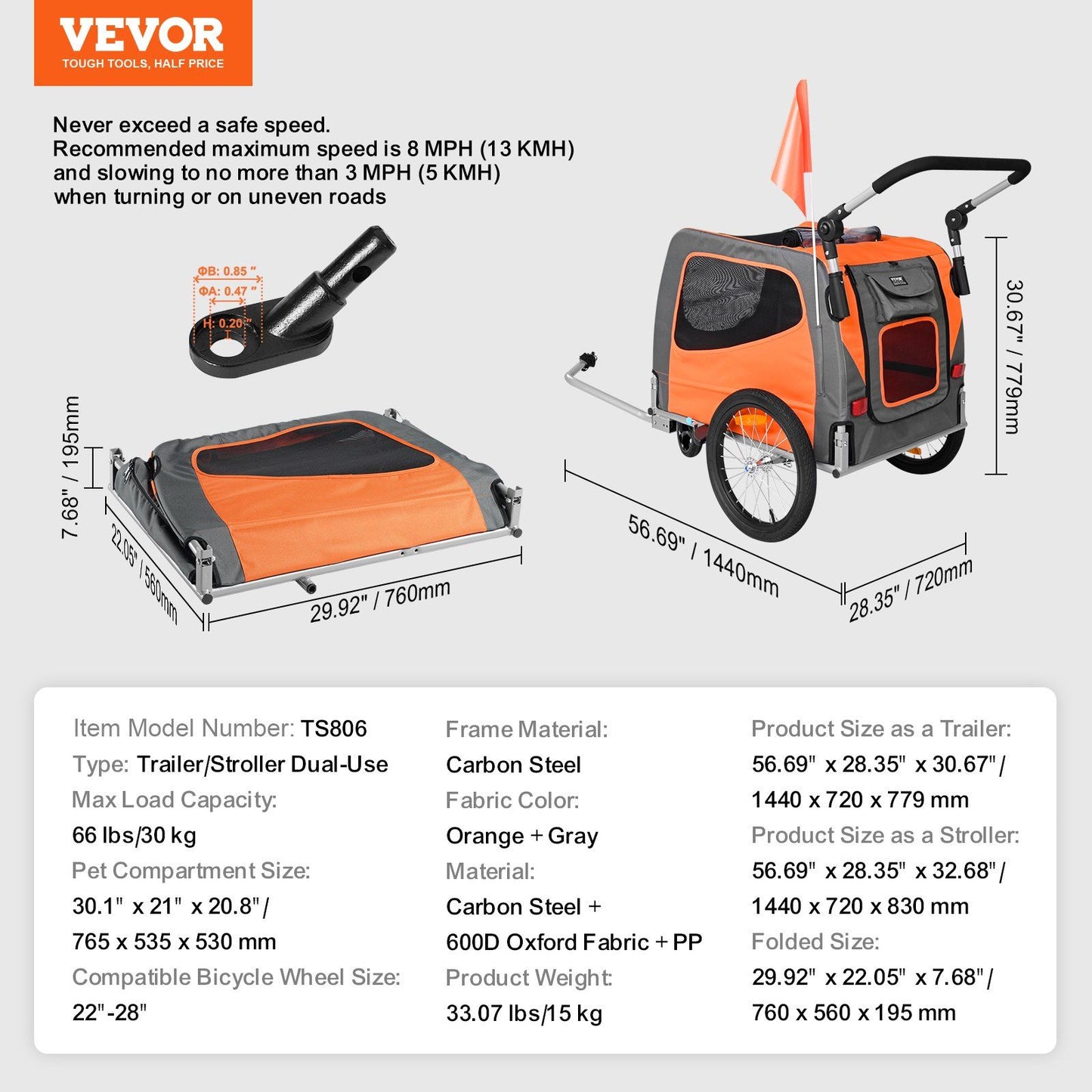 Dog Bike Trailer | 30KG Capacity | Orange/Gray