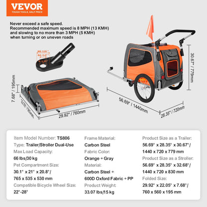 Dog Bike Trailer | 30KG Capacity | Orange/Gray