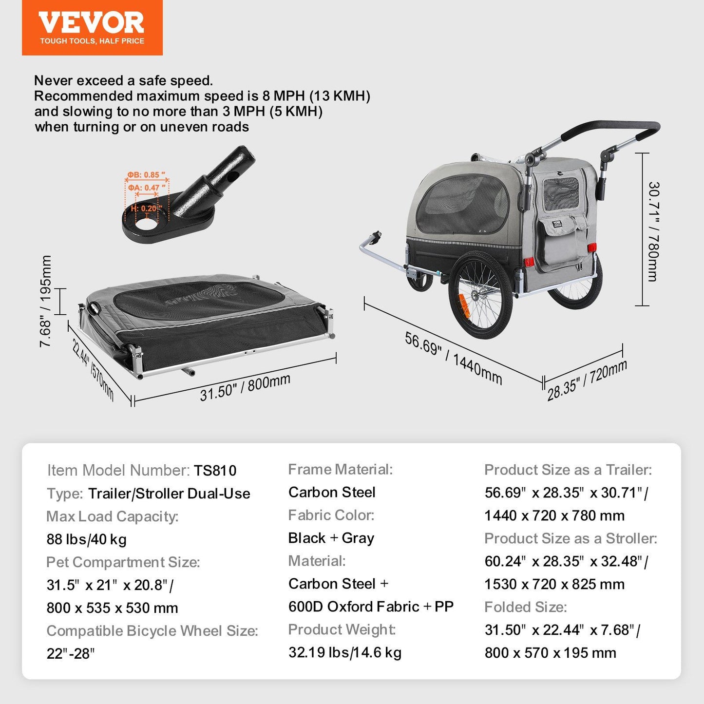 Dog Bike Trailer | 40KG Capacity | Black/Gray