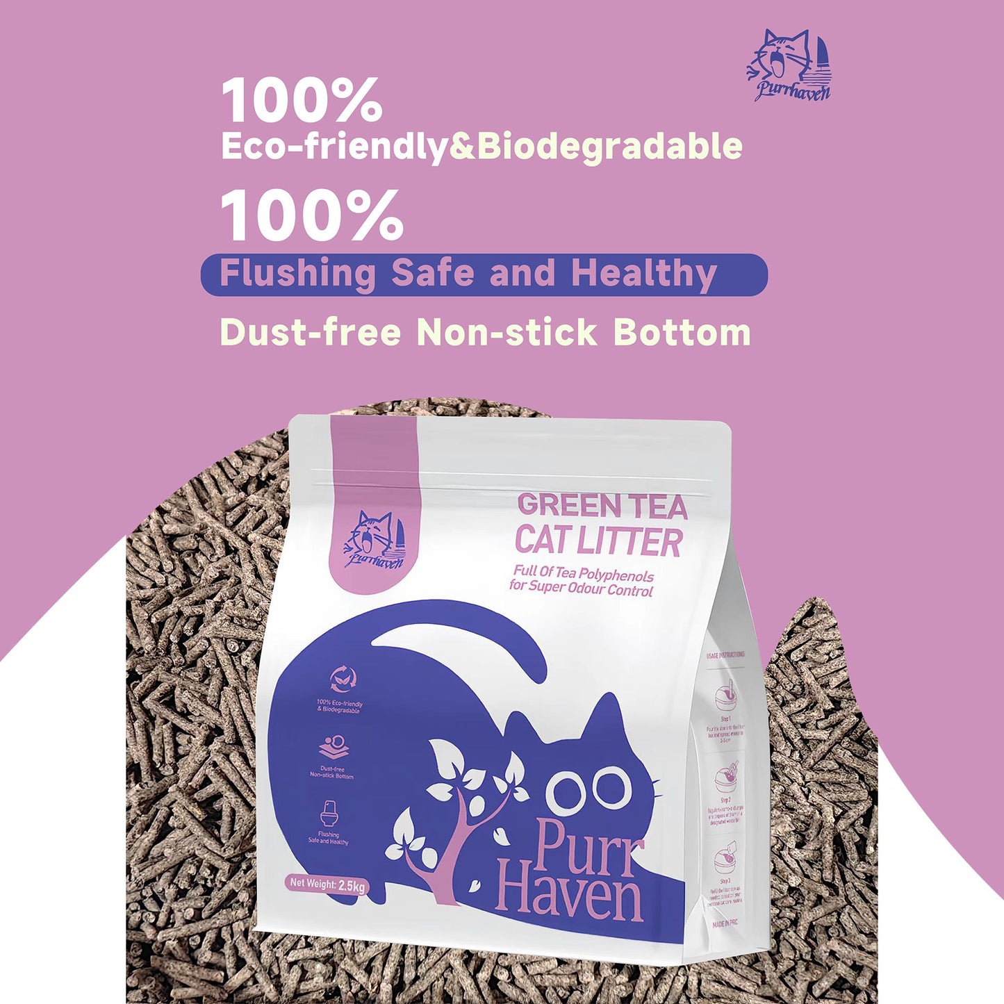 PurrHaven Green Tea Clumping Cat Litter | 7.5kg x 3 Pack | Dust Free