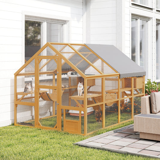 Wooden Catio Outdoor Cat Enclosure, Large Cat House with Waterproof Cover, 2 Condos, 6 Platforms, Bridge, Doors, Yellow