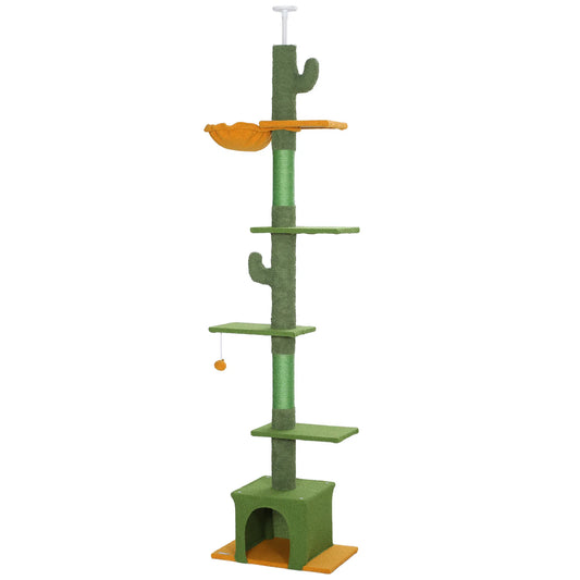 Floor to Ceiling Cat TreeTower with 90.5"-108" Adjustable Height, Scratching Posts, Hammock, Comdo, Toy Ball, Green