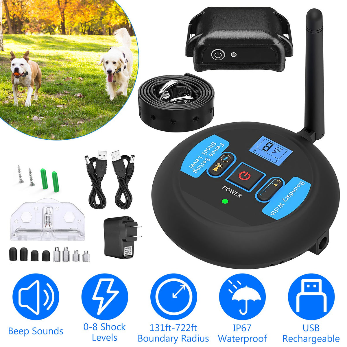 1Set Wireless Electric Dog Fence Pet Shock Boundary Containment System Electric Training Collar For Small Medium Large D