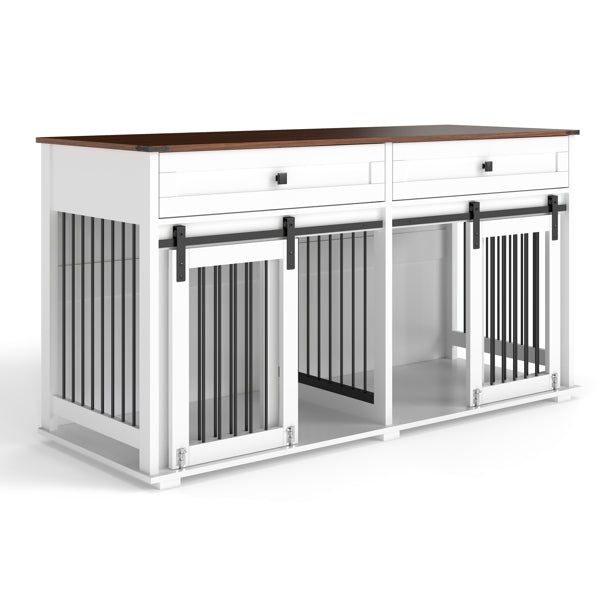 63'' Large Dog Crate Furniture For Double Dog, Wooden Dog Kennel With 2 Drawers,Divider And Sliding Door, Water Resistan