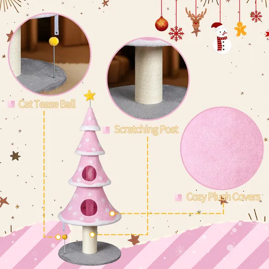 59in Large Tall Christmas Tree Cat Tower With 2 Cat Condos & Scratching Post, Soft Fleece Cat Tree With Teaser Toy & Stu