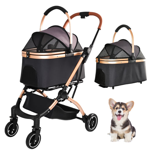 Pet Stroller for Dogs and Cats, 2-in-1 Detachable Foldable 4 Wheels Pet Stroller, Quick One-Hand Fold, Storage Basket, D