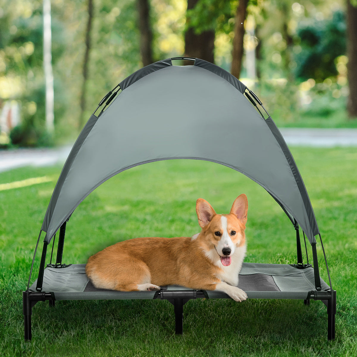 Elevated Dog Bed with Removable Canopy, Outdoor Dog Cot with UV Protection Canopy Shade, 36 inch Large Pet Bed for Campi