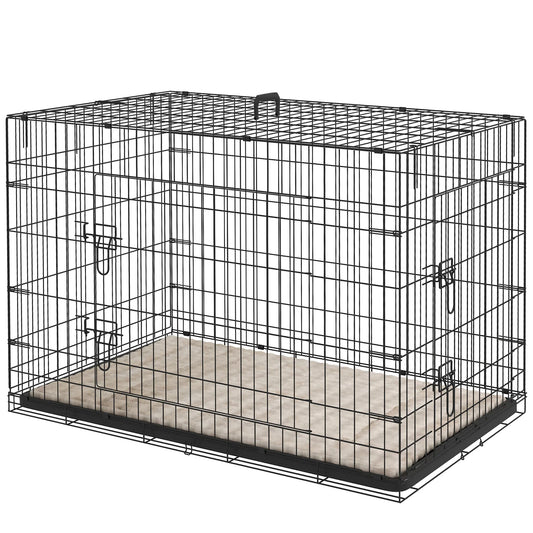 41" Dog Crate with 2 Doors, Folding Metal Dog Cage with Soft Cushion, Removable Tray, Handle, for Small Dogs, Black