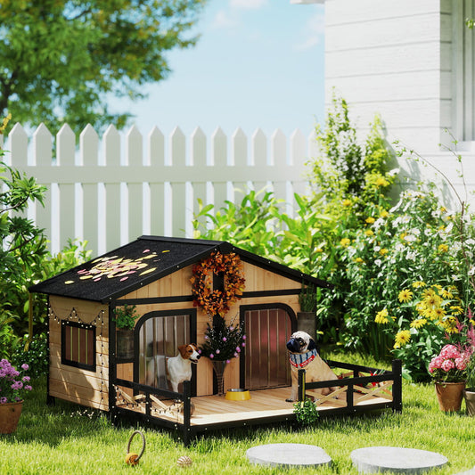 Dog House Outdoor, Wooden Dog Kennel Weatherproof with Porch, Openable Roof, Removable Bottom, Elevated Floor, Double Ro