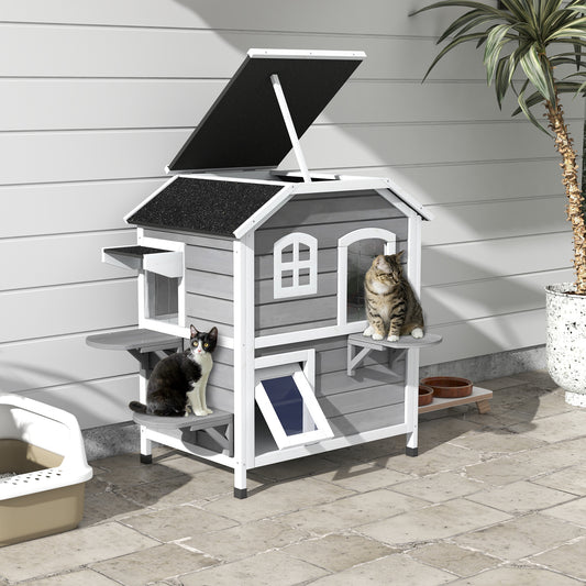 2-story Cat House Outdoor, Weatherproof Wooden Cat Enclosure for Feral Cats with Escape Door, Openable Roof, Jumping Pla