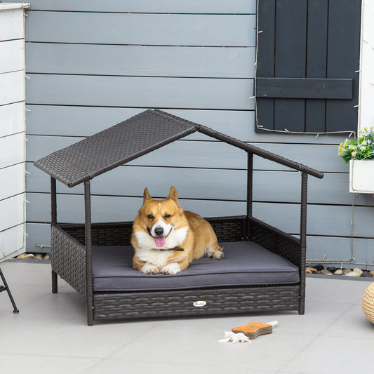 Wicker Dog House Outdoor with Canopy, Rattan Dog Bed with Water-resistant Cushion, Raised Pet Bed for Small, Medium Bree