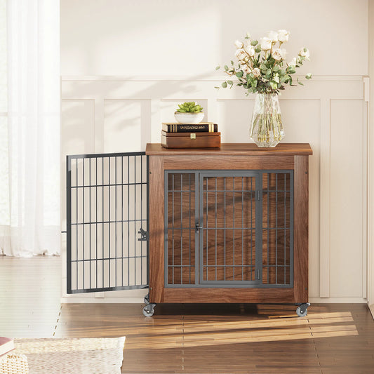 27.2" Dog Crate Furniture with Wheels for Small Dogs, Heavy Duty Dog Kennel Indoor with 2 Doors, Wooden Pet Cage End Tab