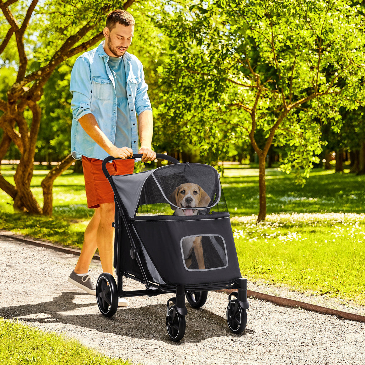 Dog Stroller for Large Medium Small Dogs up to 66 Lbs. 23.5" in Body Length, One-Click Foldable Pet Cat Stroller with St
