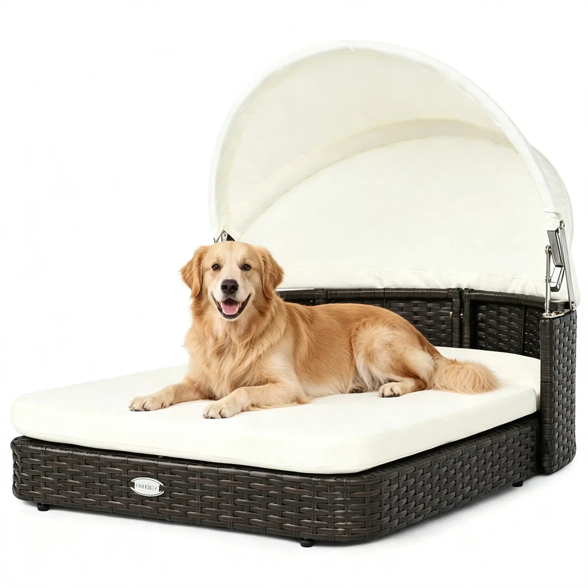 Hand-Woven PE Rattan Dog Bed with Adjustable Canopy, Elevated Outdoor Pet Daybed with Washable Plush Cushion, Anti-Slip 