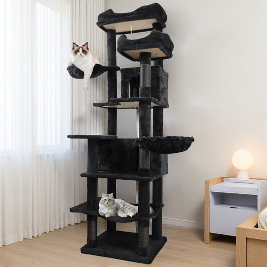 68in Tall Multi-Level Green Cat Tree with Hammocks, Hanging Basket, Cat Cave, Removeable Cushion, Scratching Posts - Plu