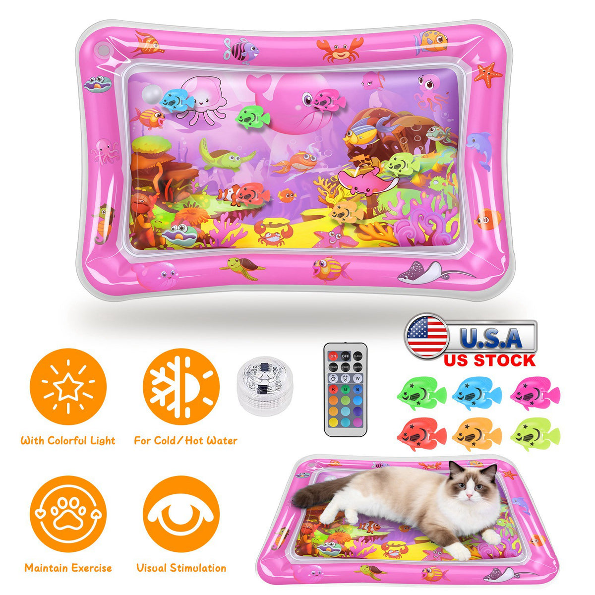 Cat Water Mat Interactive Sensory Play Mat With Floating Fish Toys LED Color Changing Light Thickened PVC For Indoor Cat