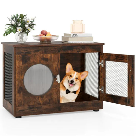 2-in-1 Dog Crate End Table - Rustic Brown, 88lbs Capacity, Farmhouse Style, 32.5"x18.5"x23.5"