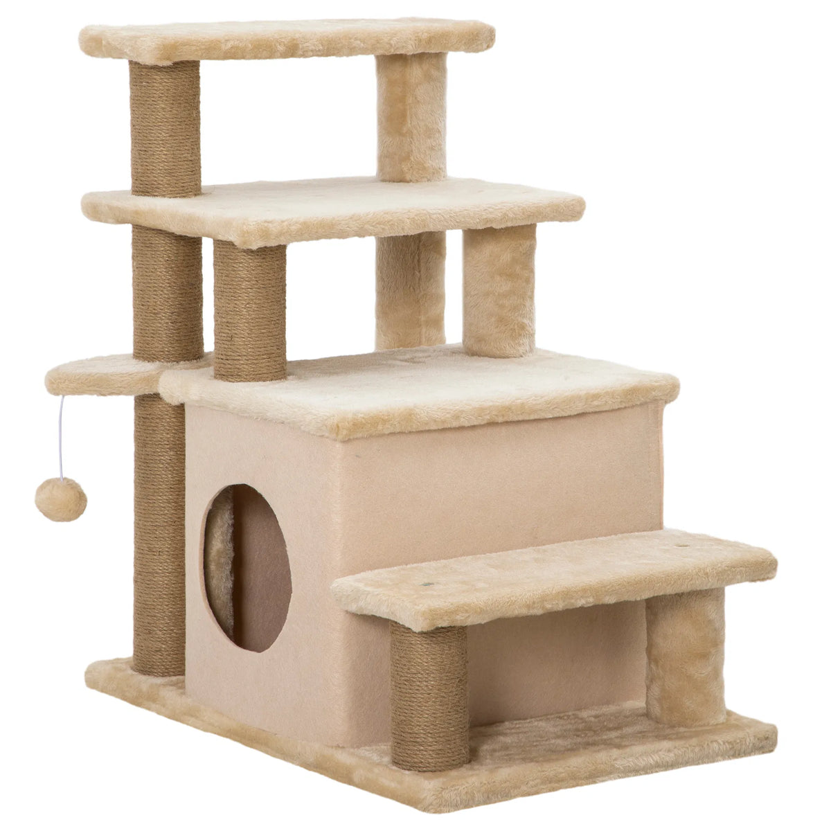 Cat Stairs Pet Steps for Couch Bed with Scratching Posts Condo Ball Toy, 23.6" x 15.7" x 26", Beige
