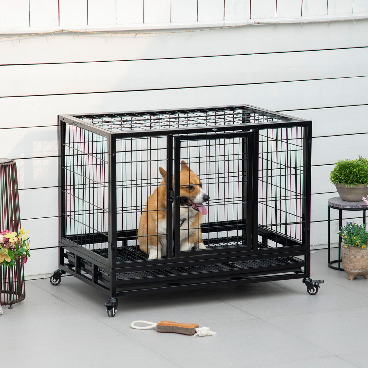 36" Heavy Duty Dog Crate with Removable Tray, Lockable Wheels and Double Door, for Medium and Large Dogs, Black