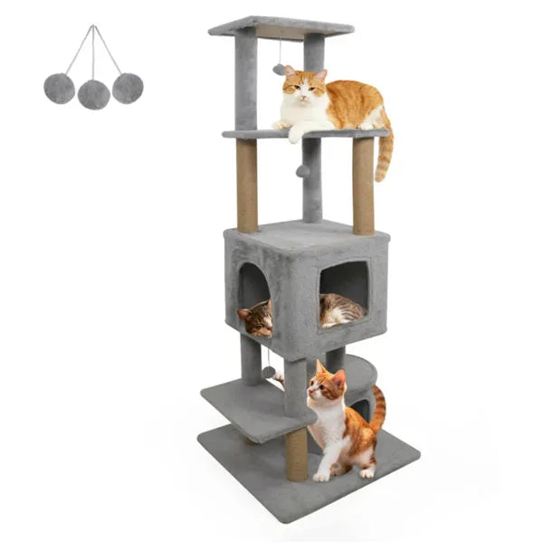 64" Light Gray Cat Tower With Plush Perches & 3 Dangling Balls, Jute Scratching Posts & Anti-Tipping Device For Multi-Ca