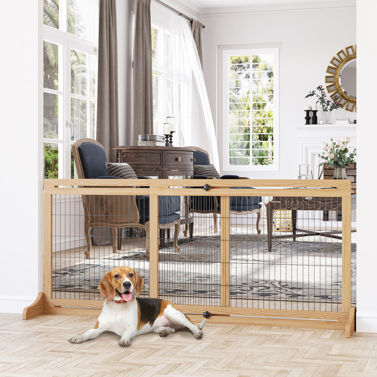 71" W x 27" H Extra Wide Freestanding Pet Gate with Adjustable Length Dog, Cat, Barrier for House, Doorway, Hallway, Nat