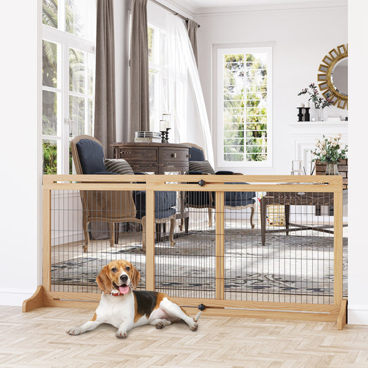 71" W x 27" H Extra Wide Freestanding Pet Gate with Adjustable Length Dog, Cat, Barrier for House, Doorway, Hallway, Nat