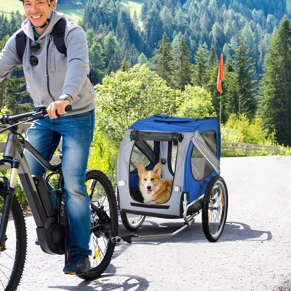 Dog Bike Trailer, Pet Wagon Bicycle Trailer with Easy Folding Cart Frame, 20" Large Rubber Wheels, 3 Entrances, Mesh Scr