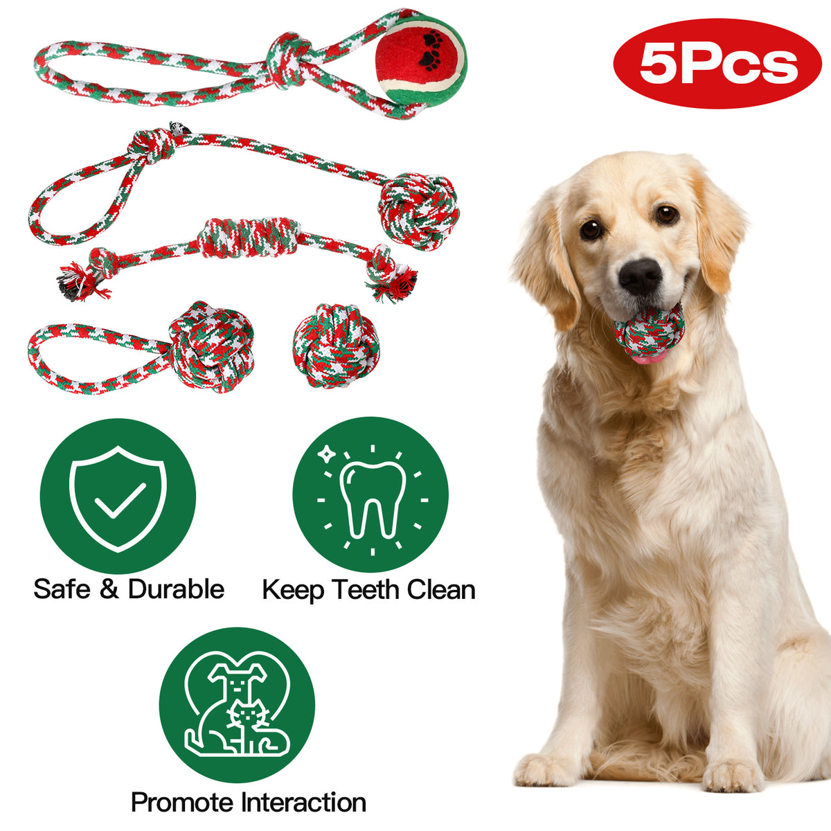 Set Of 5Pcs Christmas Dog Rope Chew Toys Dog Interactive Toys Set For Puppy Small Medium Aggressive Chewers Dogs Trainin