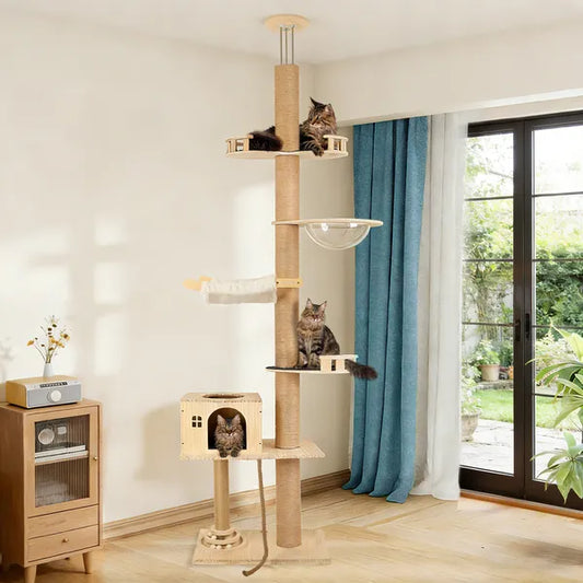 Floor To Ceiling Cat Tree, 6 Level Adjustable Height Climbing Tower With Thickened Scratching Posts, Cats Activity Cente