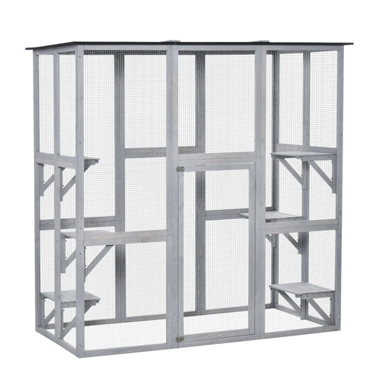 Large Outdoor Catio Enclosure, Weatherproof Cat House with Asphalt Roof, Wooden Cat Patio Cage with 6 Balanced Platforms