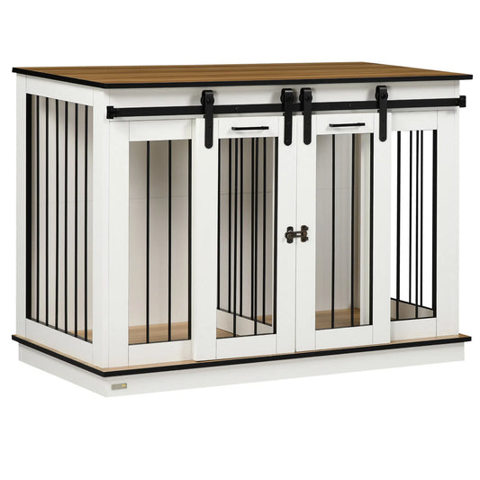 47in Dog Crate Furniture with Divider Panel, Wooden Dog Kennel TV Stand for Large Breeds, Pet House Side Table for 2 Sma