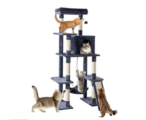 63-inch Cat Tree Tower, Large Multi-story Cat Climbing Tower, Natural Sisal Grabber Posts, Extended Platform, Hammock